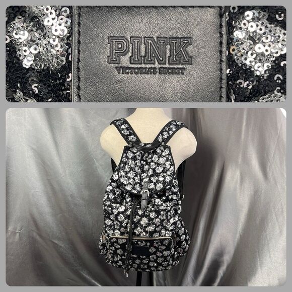 Victoria's Secret PINK Drawstring Silver Sequin Bling Large Backpack Pockets Y2K - Picture 1 of 17